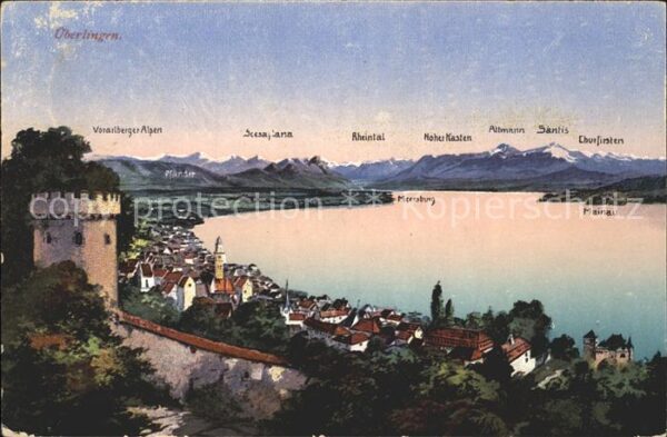Ueberlingen Bodensee Turm Panorama mit Schweizer Alpen