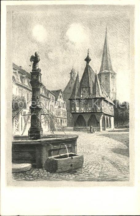 Michelstadt Rathaus Kirche Brunnen Zeichnung