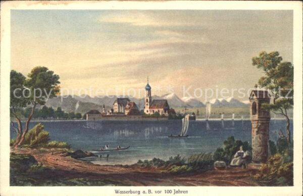 Wasserburg Bodensee vor 100 Jahren Bildstock Alpen Künstler