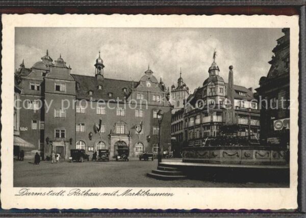 Darmstadt Rathaus mit Marktbrunnen Kupfertiefdruc