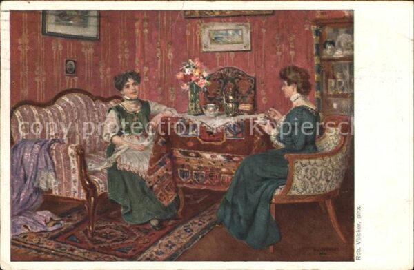 Verlag Muenchner Kunst Nr. 147 Rob. Völcker Frauen Teekränzchen