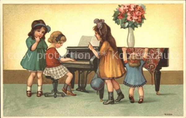 Klavier Kinder Rosen Vase Litho