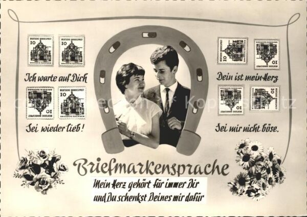 Briefmarkensprache Paar Blumen Hufeisen Spruch
