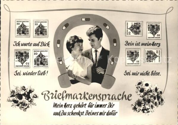 Briefmarkensprache Spruch Blumen Hufeisen Paar