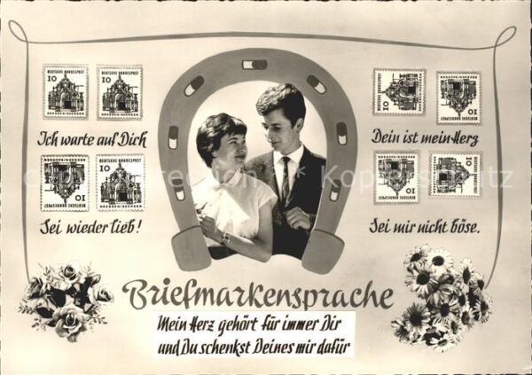 Briefmarkensprache Paar Hufeisen Blumen Spruch