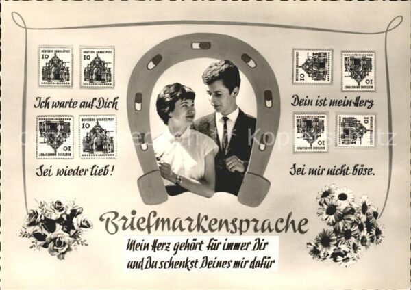 Briefmarkensprache Paar Hufeisen Spruch Blumen