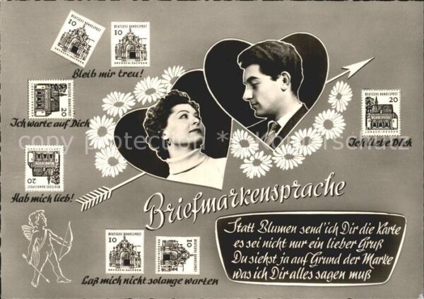 Briefmarkensprache Paar Herzen Blumen Amor Gedicht