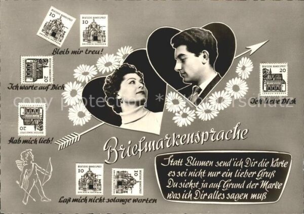 Briefmarkensprache Paar Herzen Amor Pfeil Gedicht