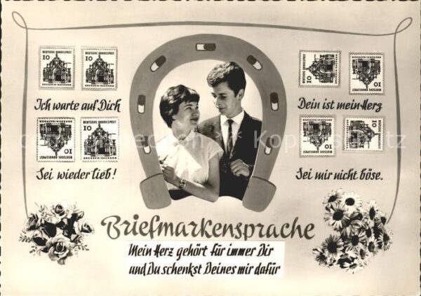 Briefmarkensprache Paar Hufeisen Blumen Liebesspruch