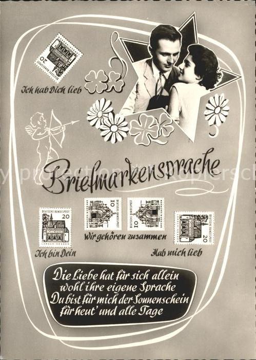 Briefmarkensprache Paar Stern Amorr Kleeblätter Gedicht