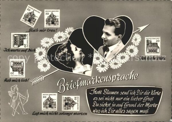 Briefmarkensprache Paar Herzen Amor Pfeil Gedicht