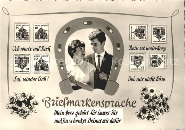 Briefmarkensprache Paar Hufeisen Blumen Liebesspruch