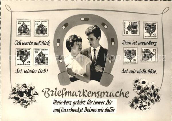Briefmarkensprache Paar Hufeisen Blumen Liebesspruch
