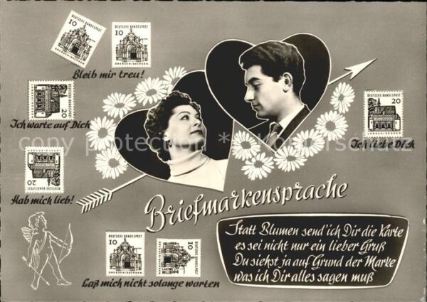 Briefmarkensprache Paar Amor Pfeil Blumen Gedicht
