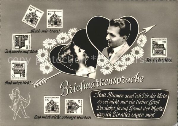 Briefmarkensprache Paar Herzen Amor Pfeil Blumen Gedicht