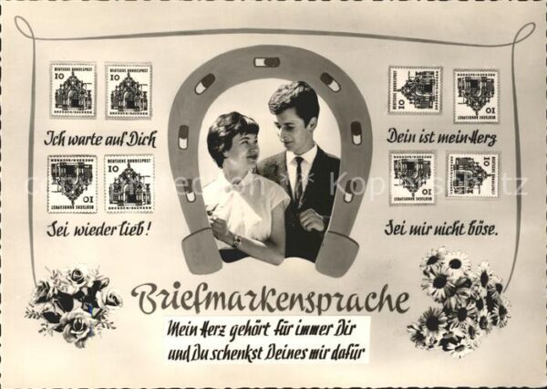 Briefmarkensprache Paar Hufeisen Blumen Liebesspruch