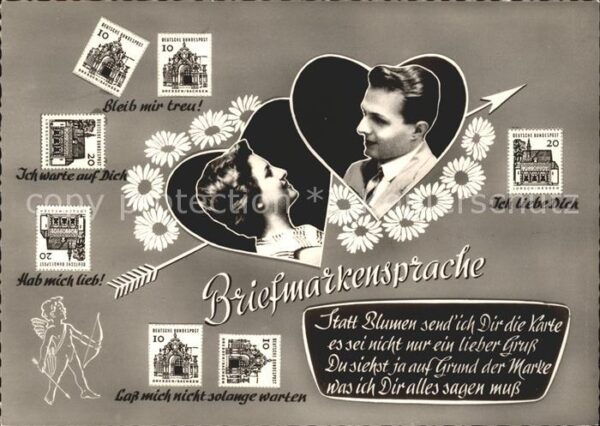 Briefmarkensprache Herzen Blumen Amor Pfeil Gedicht