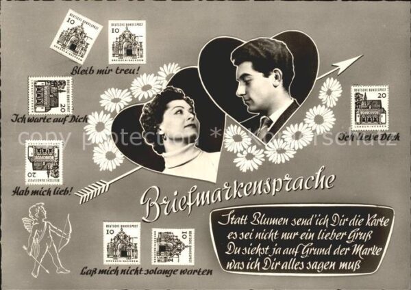 Briefmarkensprache Herzen Amor Pfeil Blumen Gedicht