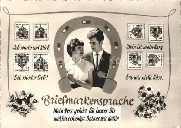 Briefmarkensprache Paar Hufeisen Liebesspruch Blumen