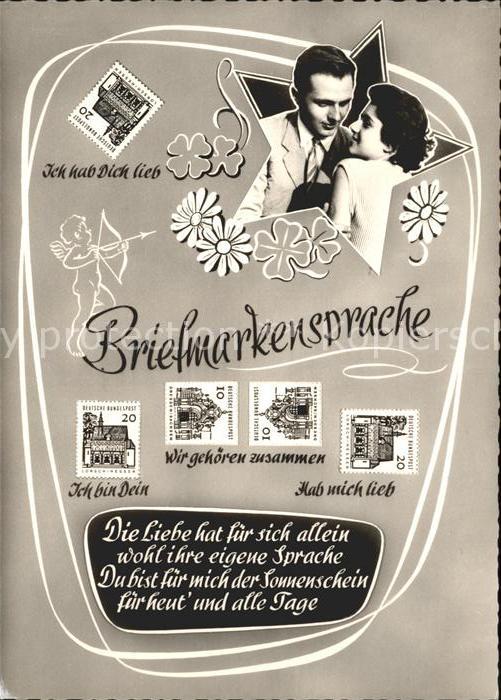 Briefmarkensprache Paar Stern Amor Kleeblätter Gedicht