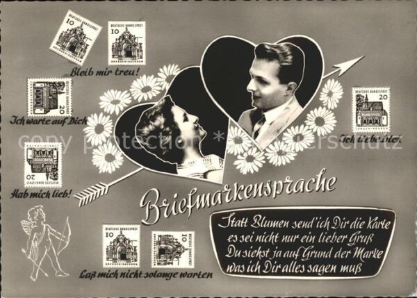 Briefmarkensprache Amor Herzen Pfeil Blumen Gedicht