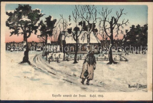 Kuenstlerkarte Hornist Döres Kapelle unweit der Front