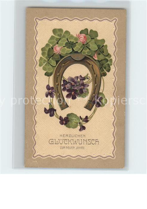 Hufeisen Kleeblätter Veilchen Neujahr Litho