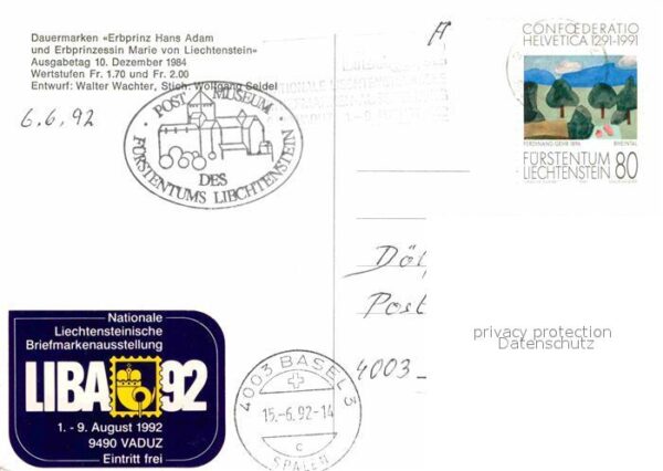 Briefmarken auf Postkarte Fürstentum Liechtenstein Hans Adam Mari – Bild 2