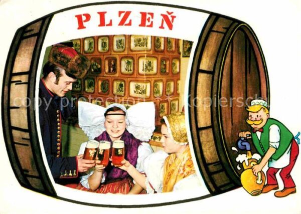 Plzen Pilsen Bierfass Karikatur Gaststube Trachten