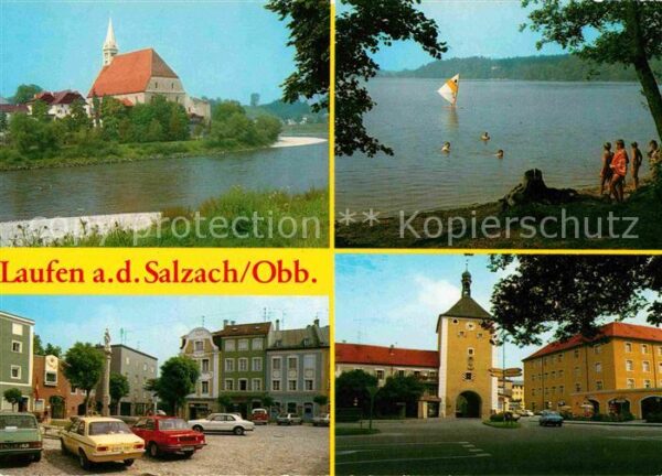 Laufen Salzach Uferpartie am Fluss Kirche Marktplatz T