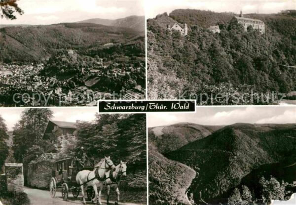 Schwarzburg Thueringer Wald Totalansicht Schloss Pferdekutsche Pano