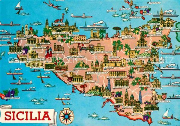 Palermo Sicilia Panoramakarte Sehenswürdigkeiten