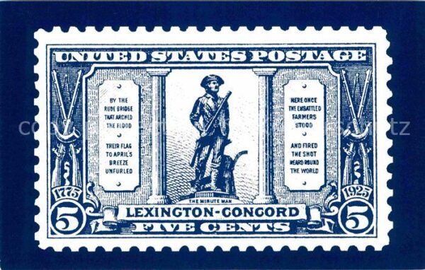 Briefmarken auf Postkarte U.S. Postage Stamp The Minute Man Battl