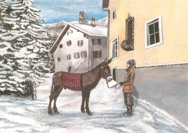 Kuenstlerkarte Joh. Lüthi Dorfwinter Esel