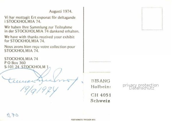 Briefmarken auf Postkarte Stockholmia 74 Lokomotive Sverige – Bild 2