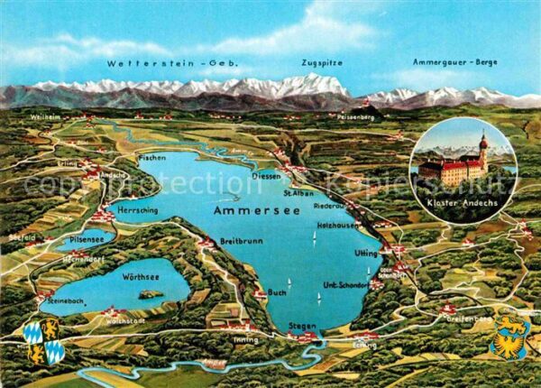 Ammersee mit Kloster Andechs gegen die Alpen aus