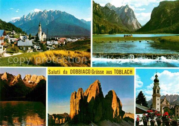 Dobbiaco Pustertal Suedtirol Ortsansicht mit Kirche Bergsee Dolomite