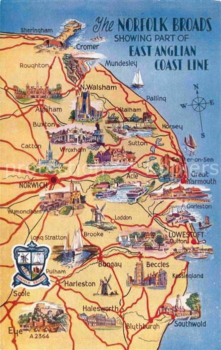 Norfolk Broads Map showing part of East Anglian Coast