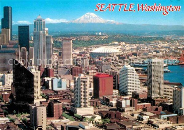 Seattle Aerial view with Elliot Bay and Mt Rain
