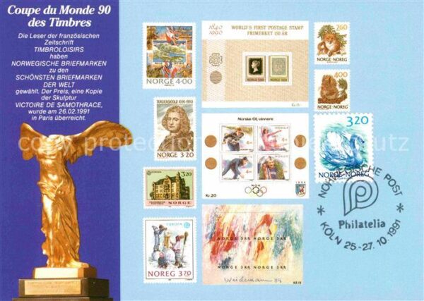 Briefmarken auf Postkarte Coupe du Monde 90 des Timbres Norge Nor