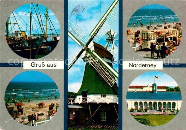 Norderney Nordseebad Fischkutter Strand Windmühle