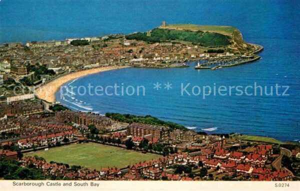 Scarborough UK Castle and South Bay aerial view