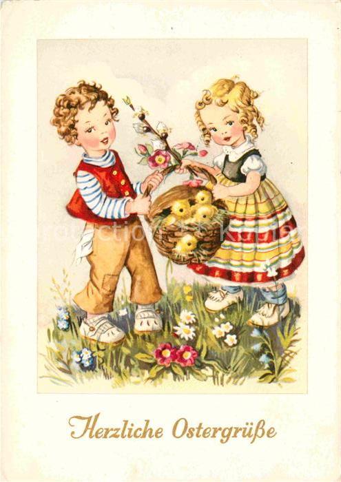 Ostern Easter Paques Kinder Küken Blumen Weidenkätzchen