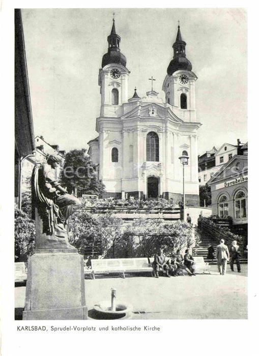 Karlsbad Eger Karlovy Vary Sprudel Vorplatz mit Kirche