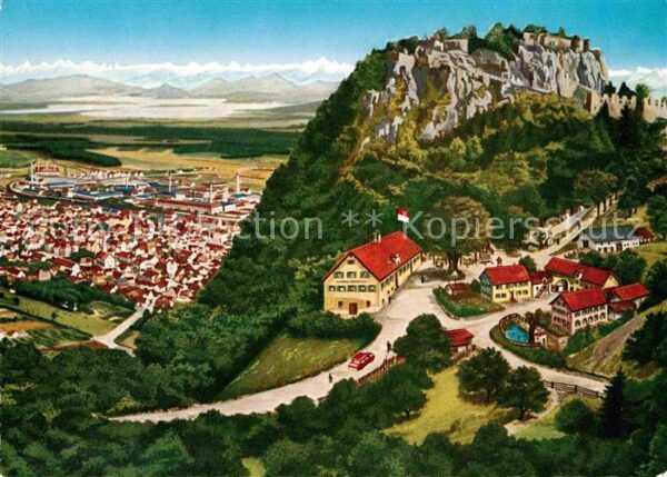 Singen Hohentwiel mit Bodensee und Alpen Künstlerkarte