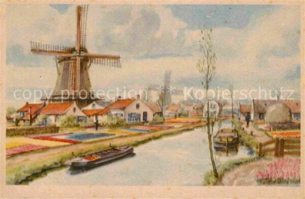 Niederlande Windmühle und Wohnhäuser Künstlerkarte