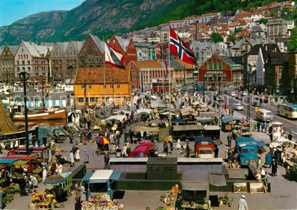 Bergen Norwegen Utsikt over Blomster og Fisketorget