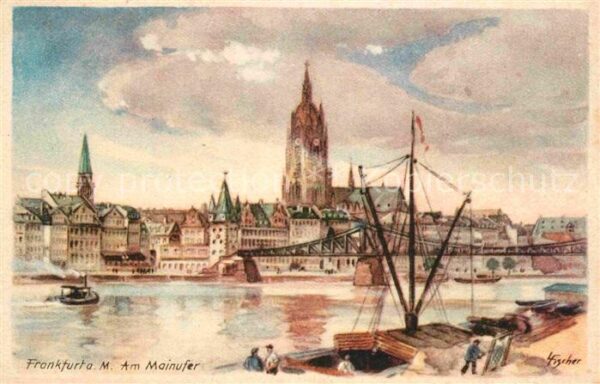 Frankfurt Main Mainufer mit Dom und Brücke Künstlerkar