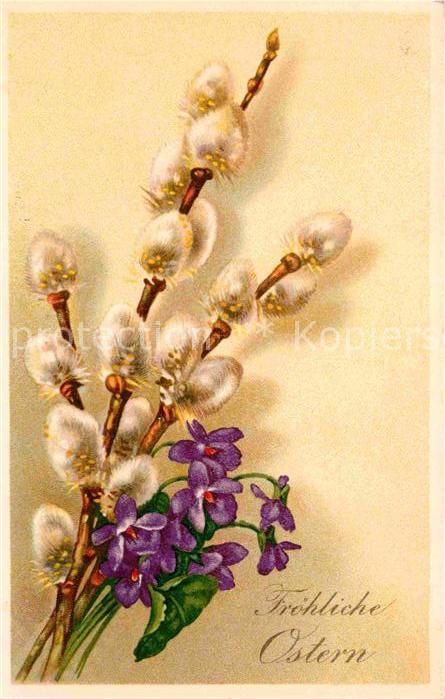 Ostern Easter Paques Weidenkätzchen Veilchen Litho