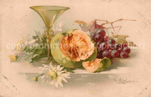 Klein Catharina Kuenstlerlitho Honigmelone Trauben Litho